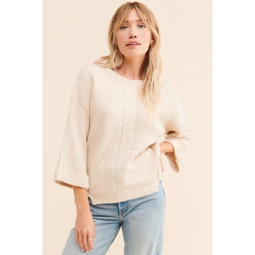 Anthropologie Little Lies Cream Emily Cable Knit Sweater Crew Neck Ivory M/L